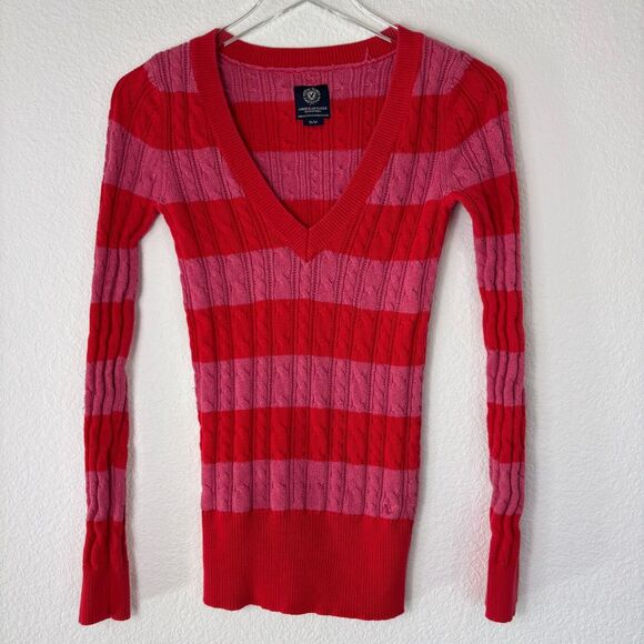 Y2K American Eagle Womens V-neck Sweater S Cable knit Striped Multicolor 2011 - Picture 4 of 13